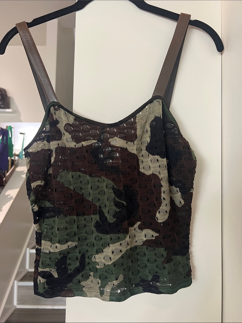 Dior Camo Knit with leather brown Spaghetti-Strap Camisole in Green and Brown